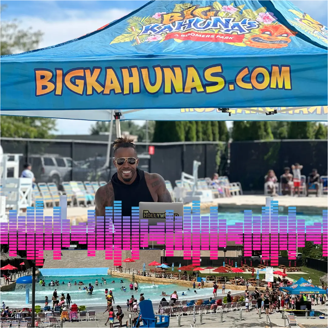 collage of dj in the water park