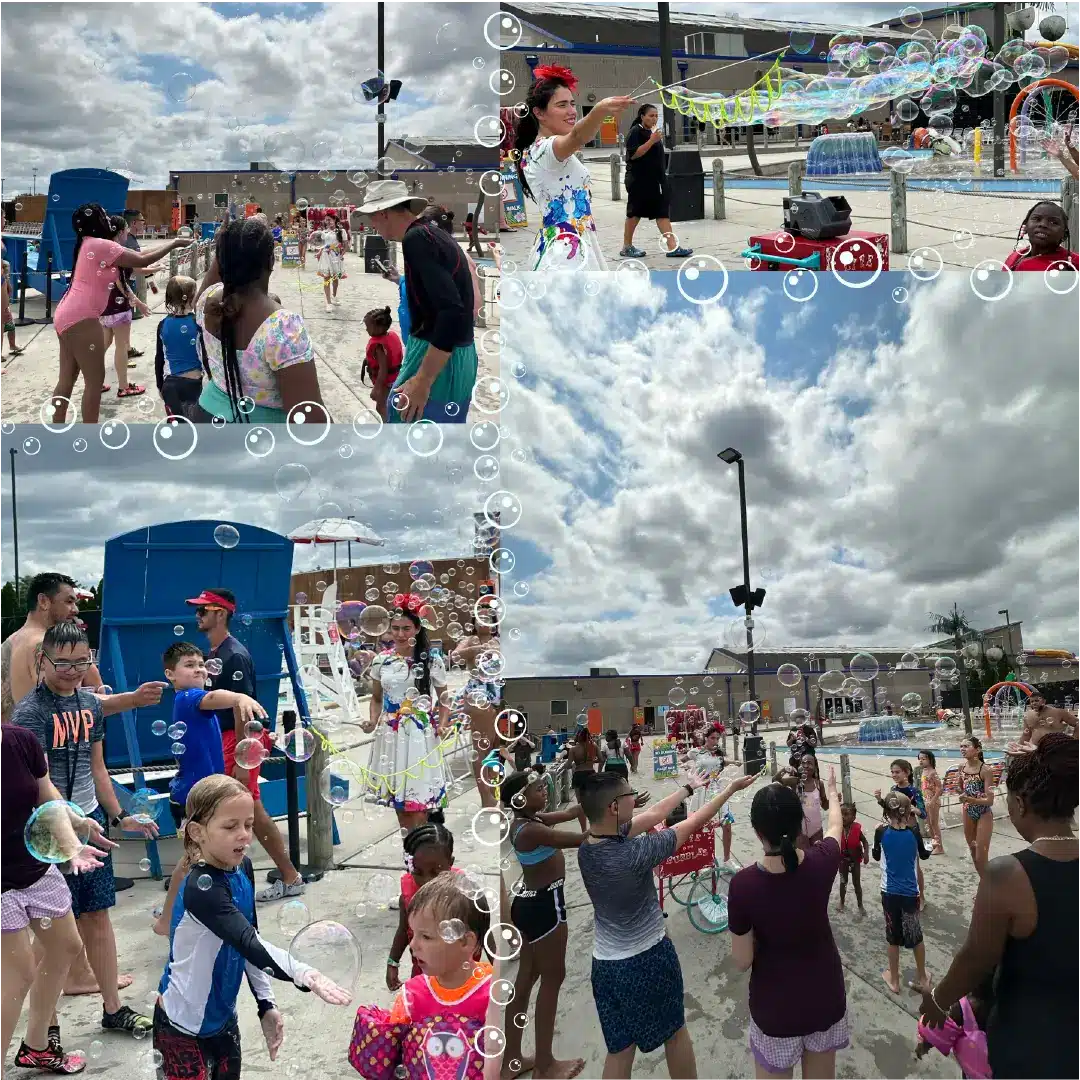 collage of guests playing with bubbles in the water park